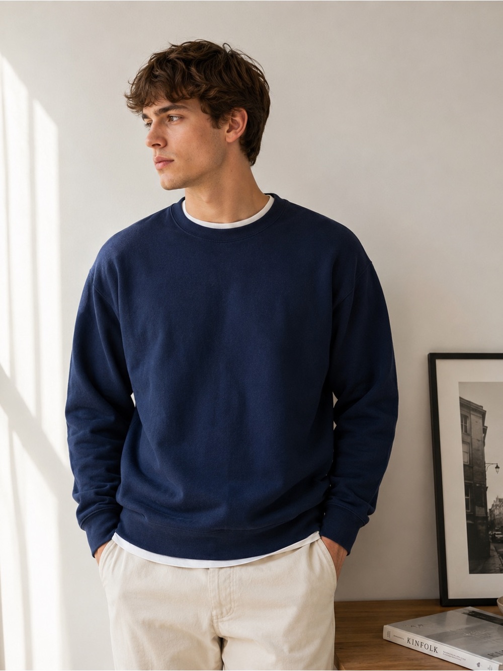 Classic Navy Blue Crewneck Sweatshirt XL 100% Cotton Minimalist Pullover